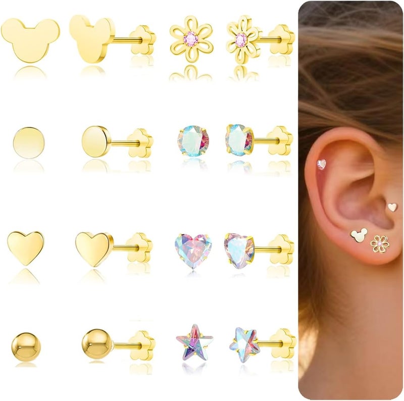 DALI Hypoallergenic 14K Gold Earrings for Girls Women, Toddler Screw Back Baby Earrings for Sensitive Ears Silver Kids Earrings Cute Flower Heart Star Ball Dot Mouse Titanium Flat Back Stud Earring Sets - Image 1